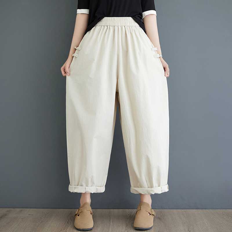 Summer Literary Retro Cotton Solid Color Casual Pants Women's High-waisted Disc Buckle Loose and Thin Bloomers