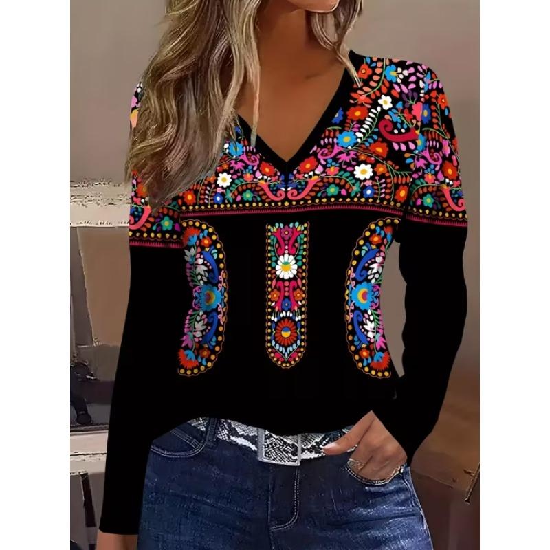 Vintage Women's T-Shirt Floral Graphic Plants Elegant Fashion Tee Long Sleeve T-shirts V-Neck Regular Tops Pullover Fall Winter