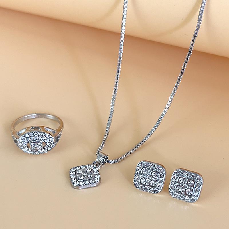 Versatile Jewelry Set: Rhinestone Earrings, Ring, Bride's Three-Piece Fashion Set