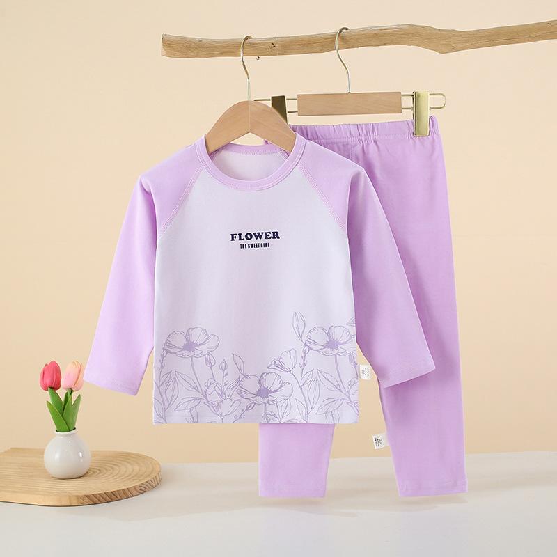 Children Cotton Raglan Long Sleeve Top and Pants Set Boys Girls Thermal Underwear for Spring Fall