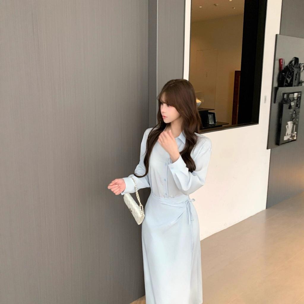 High-end Fake Two-piece Blue Shirt Dress Women's Early Autumn Niche Design Showing Thin Temperament POLO Long Skirt