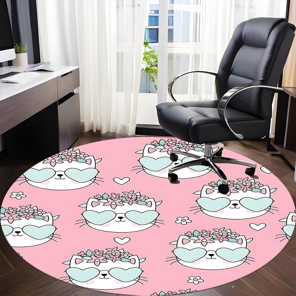 1PC Cat Floral Office Round Area Rug, Mat Suitable For Office, Under Office Chairs Bedroom Living Room Home Decor, Room Deco