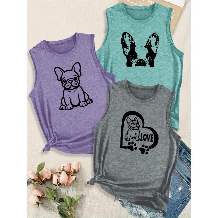 Women's Elegant Style Simple Cute Animal Dog Letter Combination Gift Print Pattern Round Neck3Sleeveless Vest Spring/summer Women's Top