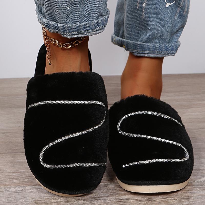 Fashion Bling Crystal Fluffy House Slippers for Women Winter 2025 Indoor Cozy Warm Fur Slippers Woman Flat Non Slip Plush Home Slides