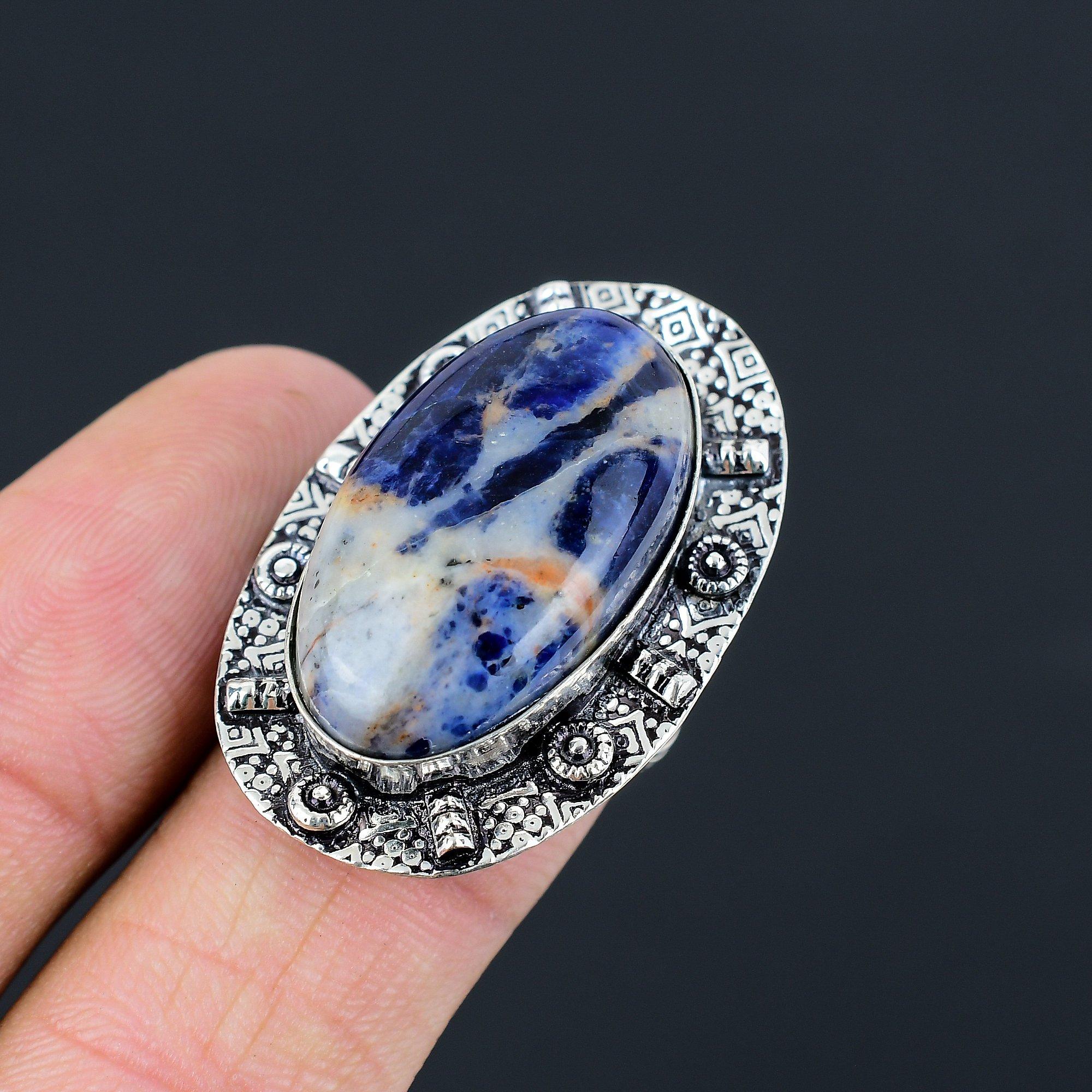 Memorial Day Sale Sterling Silver Sodalite Stone Promise Solitaire Ring Size 7 7