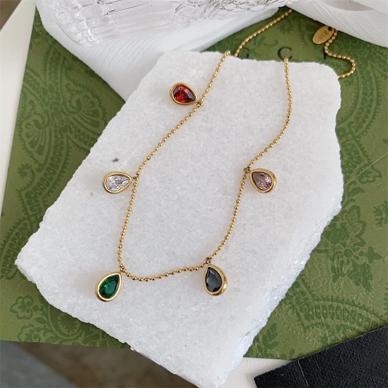 European & American Style Colorful Zircon Water Drop Pendant Necklace, Women's Clavicle Chain, 18K Gold Plated Titanium Steel