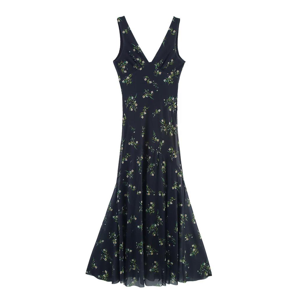 2025 Spring Women's European & American Floral Silk Slim Fit Long Dress