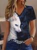 Casual Vacation Abstract Painting Gradual Change Color Animal Cat Graphics Full Body Print Breathable V Neck Short Sleeve T-shirt