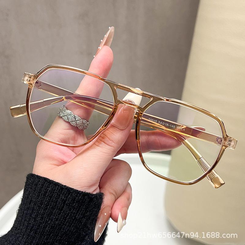 Korean Style Retro Geometric Women's Glasses Frame: Large, Double Bridge, Anti-Blue Light, Flat Lenses