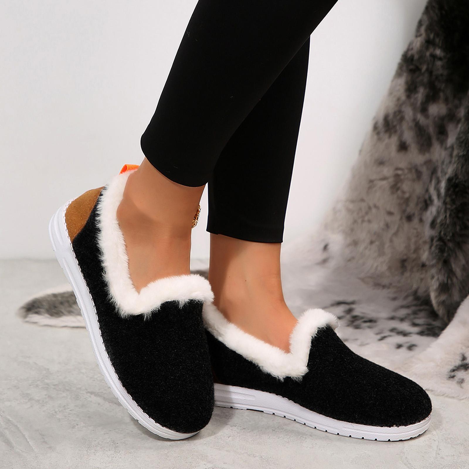 Женские повседневные туфли на плоской подошве с цветовыми блоками плюшевые и плотные теплые низкие хлопковые Бизнес-кэжуал обувь для женщин на лето 36 чёрный 2440₽