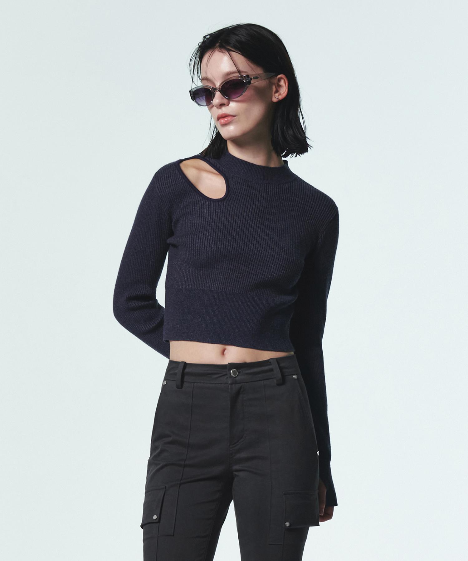 Current Cut Out Detail Knit Top [Navy] Free