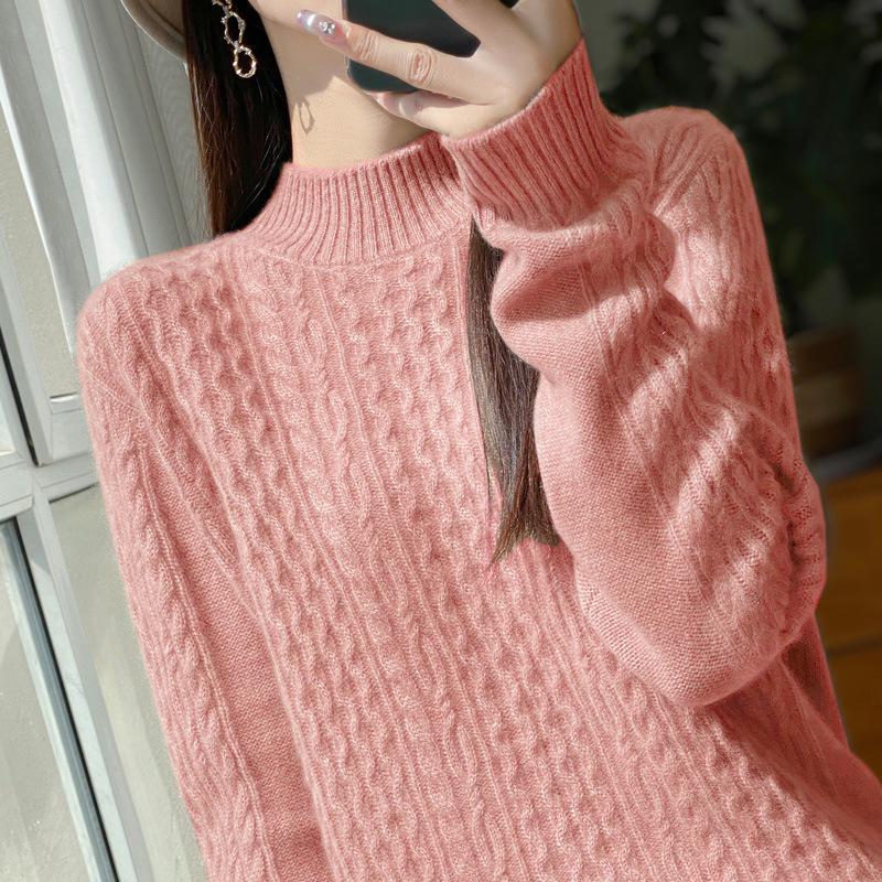 Thick Cable Knit Half-High Neck Wool Pullover Sweater
