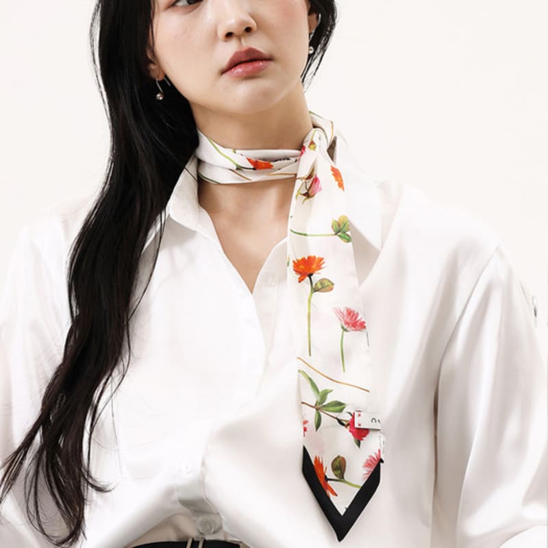 ONSZ White Floral Silk Twilly Scarf
