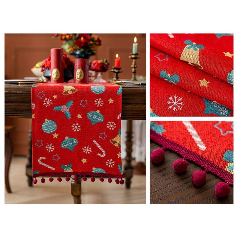 Polyester Christmas Table Runner Cartoon Pattern Snowflake Pattern Long Tablecloth Multi-Color Tassel Santa Claus Pattern