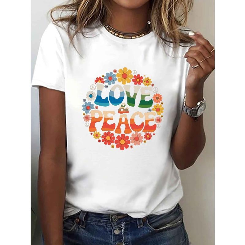 [LOVE & PEACE T-Shirt] Vibrant Floral Women s LOVE & PEACE Graphic T-Shirt | Short Sleeve Crew Neck Casual Top with Peace Symbols S белый