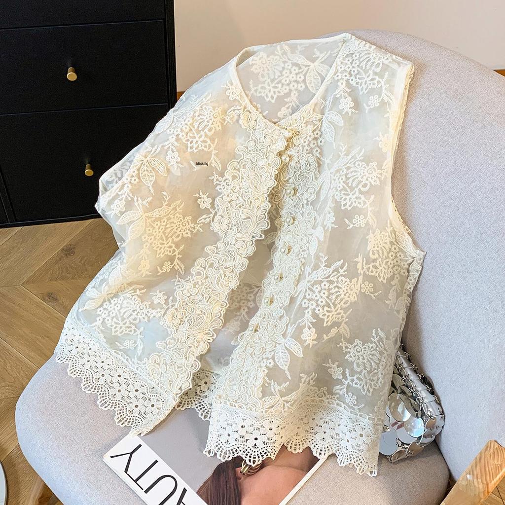 Women's Summer Organza Vest: Embroidered Sequins, Pearl Buttons, Sleeveless National Style