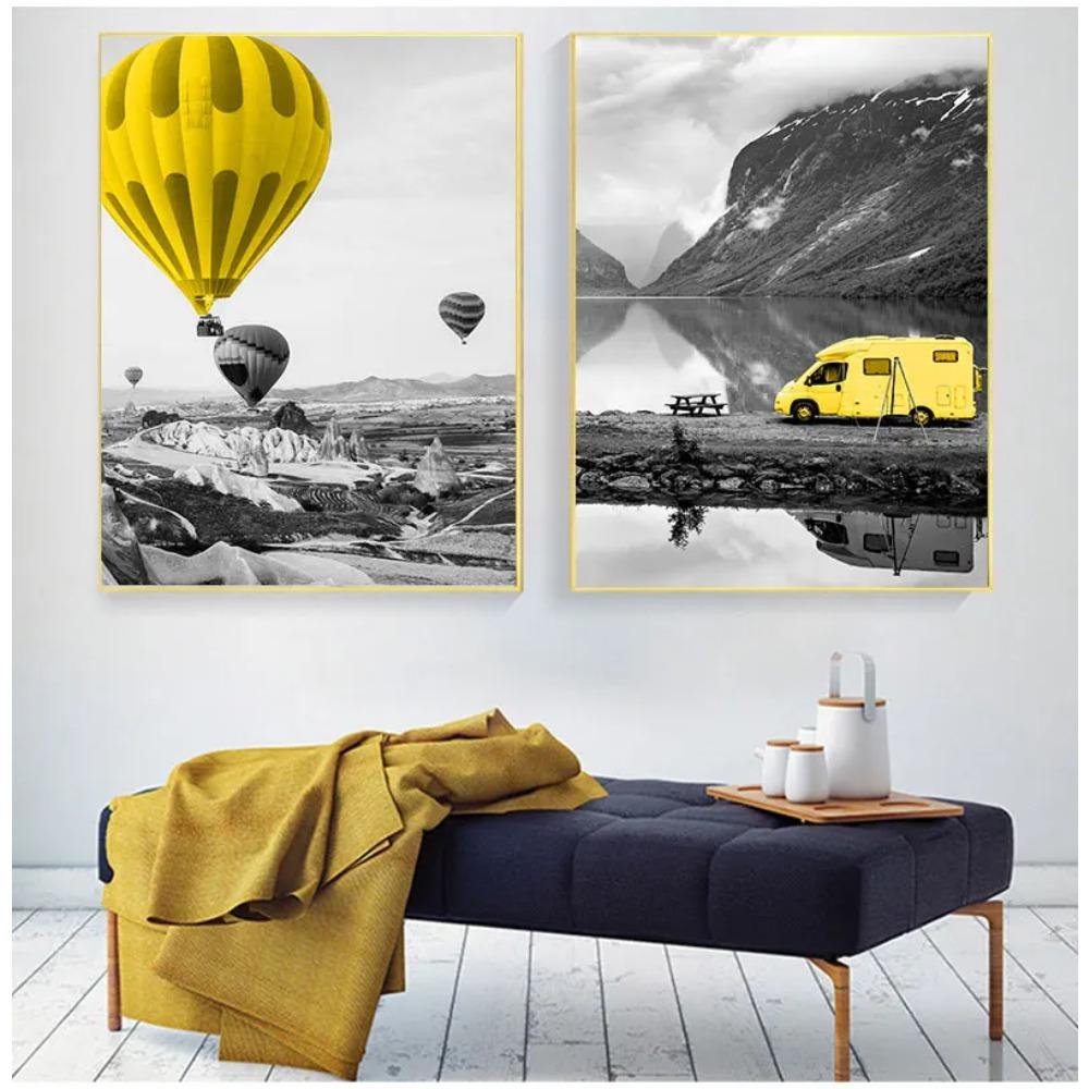 Picture For Living Room Decoration Poster And Print Black And White Landscape Nordic Canvas Painting Set Art Yellow Scenery Wall