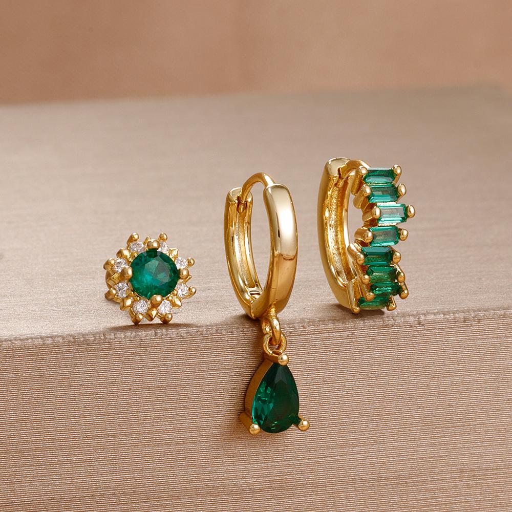 3PCS Exquisite Green CZ Zircon Water Drop Gold Color Earrings Set for Women Dainty Stackable Piercing Earring Luxury Jewelry