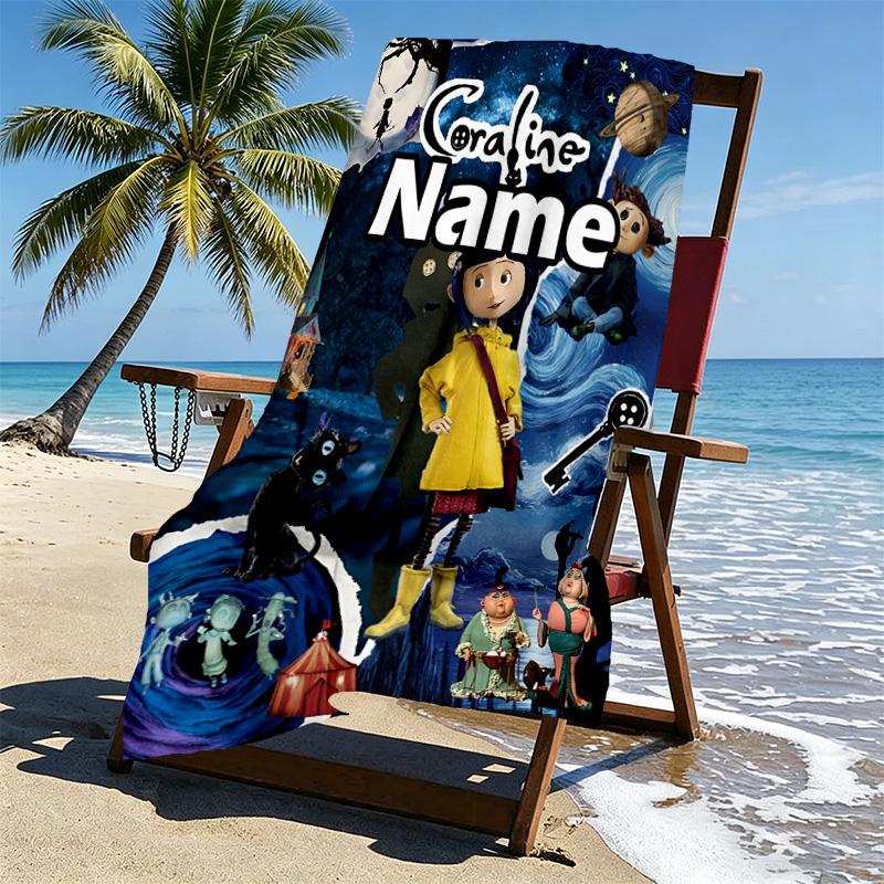 Custom Name Personalized Coraline Print Beach Towel, for Trip Camping Beach Party Home Decor, Birthday Gift for Family & Friends