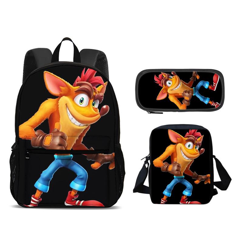 Crash Bandicoot backpack, pencil case, shoulder bag, 3Pcs Set, cartoon print, best school outdoor travel companion for students