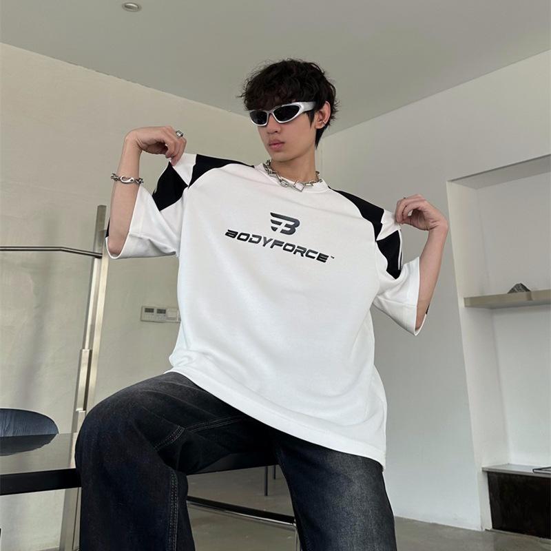 Unisex Color Block Shoulder Pad T-Shirt - Men's Casual Summer Loose Short Sleeve Top