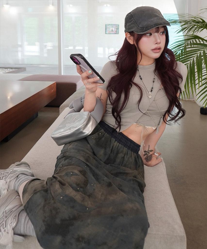 PLASMA SPHERE Tornado Check Studded Sweat Maxi Skirt_2 Colors