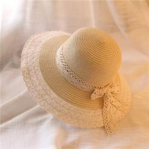Hollow edge lace bow fashion seaside vacation bucket hat women outdoor sun protection straw hat sun hat summer