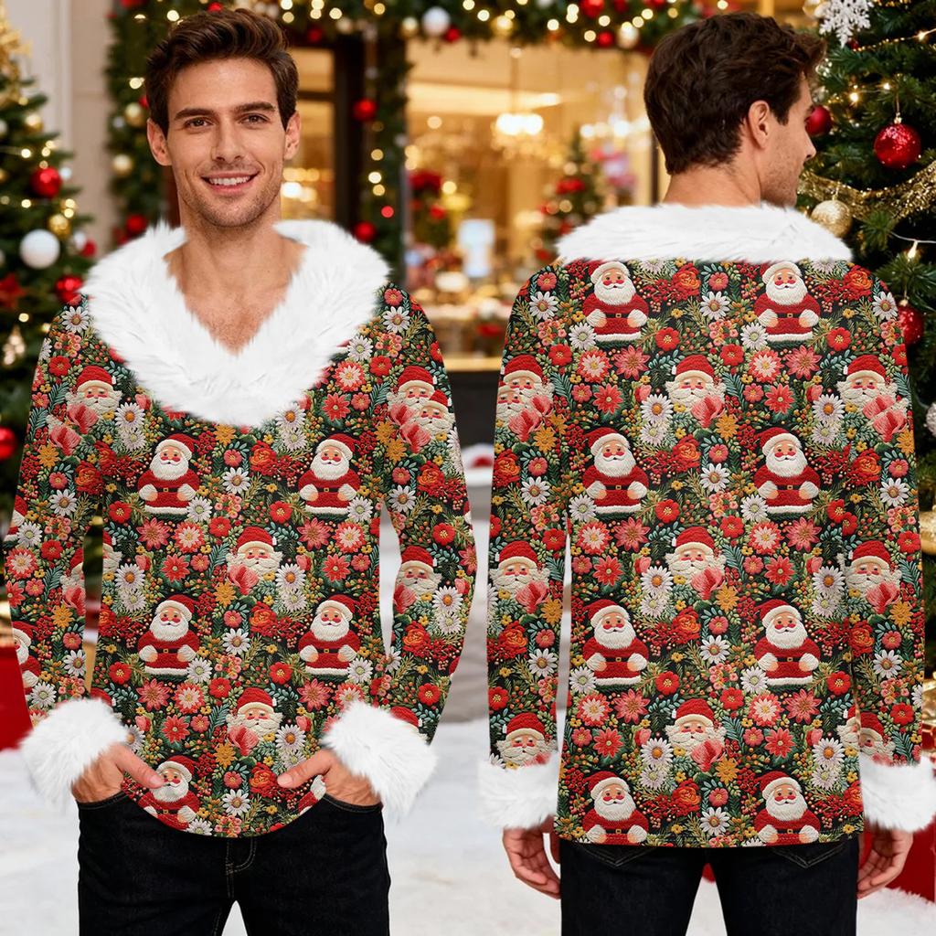 Męska bluza z kapturem z nadrukiem świątecznym, podszyta polarem | Sweter imprezowy z imitacją obszycia i kieszenią | Duży rozmiar, luźny krój, świąteczny pulower