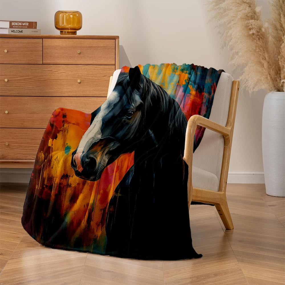1pc Abstract Galloping Horse Print Fleece Blanket - Thick Plush All-Season Bedspread with Black White Gray Blue Green Orange