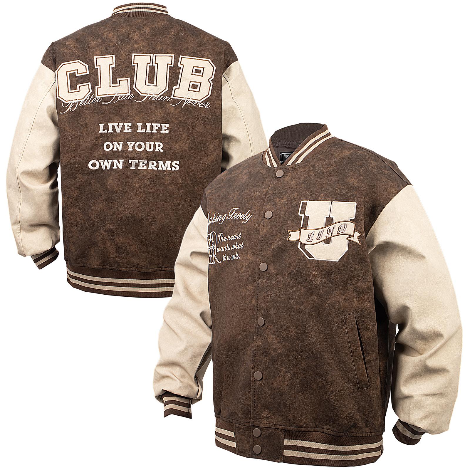 Men s PU Leather Jacket American Retro Baseball Jacket Motorcycle Jacket Spring and Autumn Embroidery College Varsity Baseball Jacket M/ below 70kg