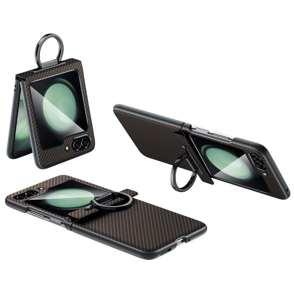 SULADA For Samsung Galaxy Z Flip5 5G Case with Ring Kickstand Magnetic Closure Leather PC Phone Cover Carbon Fiber Texture