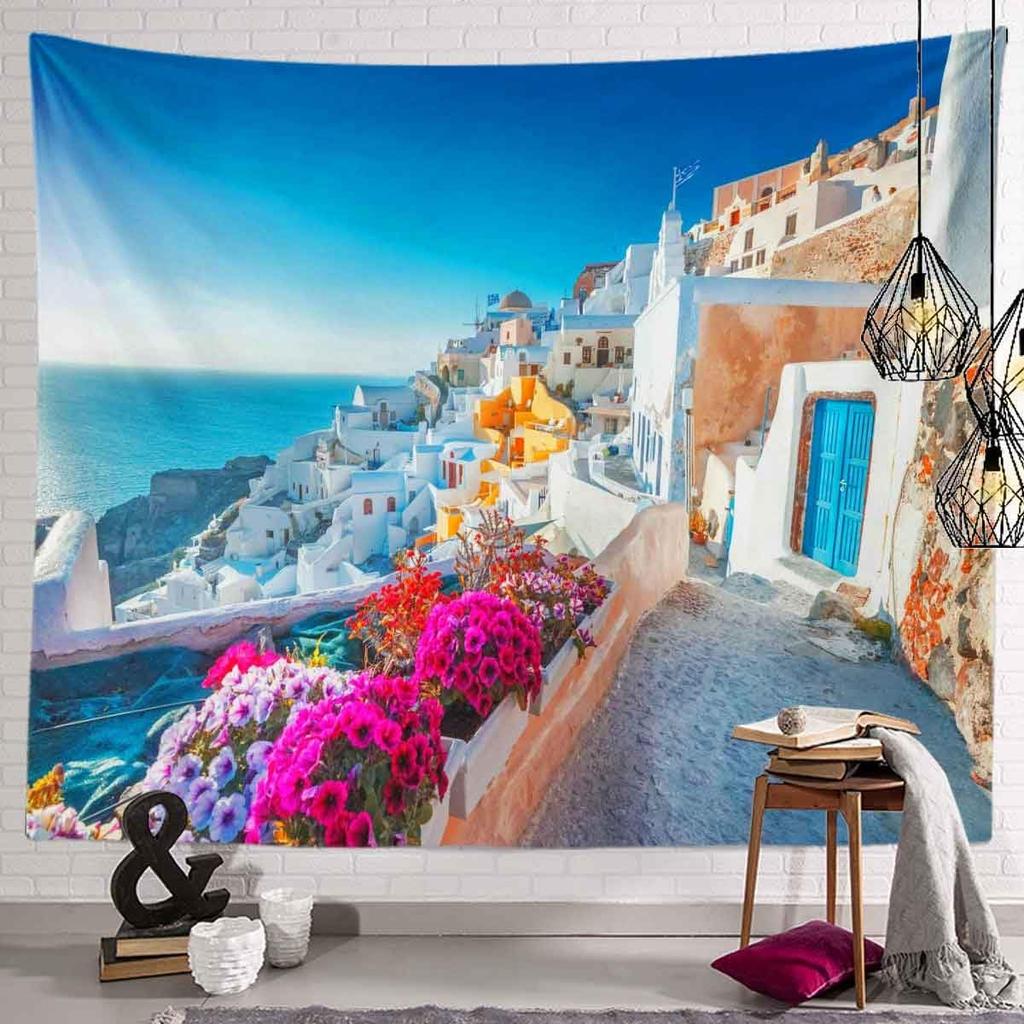 Santorini Griechenland Wandteppich Wandbehang Ägäis Meereslandschaft Wandteppich Weiße Architektur Blume Mittelmeer Kinder Studenten Schlafzimmer