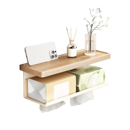 Wall Storage Rack Strong Load-Bearing Wall-Mounted Organizer with Rounded Paper Outlet Smooth Pull-Out Multifunctional Wood Metal Bathroom Shelf