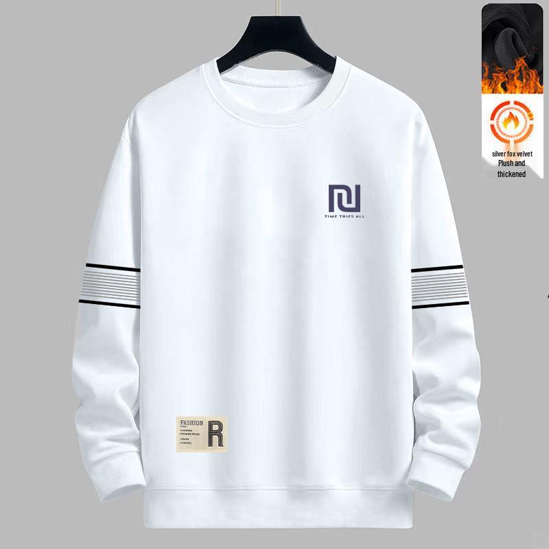 Men's Trendy Round Neck Printed Hoodie - Autumn/Winter, Loose Fit, Plus Velvet Long Sleeve Casual Pullover