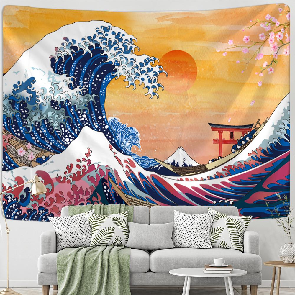 Onda giapponese pittura a olio arazzo appeso a parete stregoneria psichedelica stile bohémien paesaggio decorazione della casa