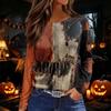 Women's Halloween Print Long Sleeve Top with Side Slit Round Neck for Casual Everyday Wear