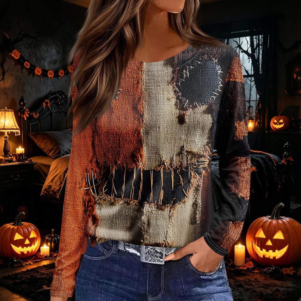 Women's Halloween Print Long Sleeve Top with Side Slit Round Neck for Casual Everyday Wear