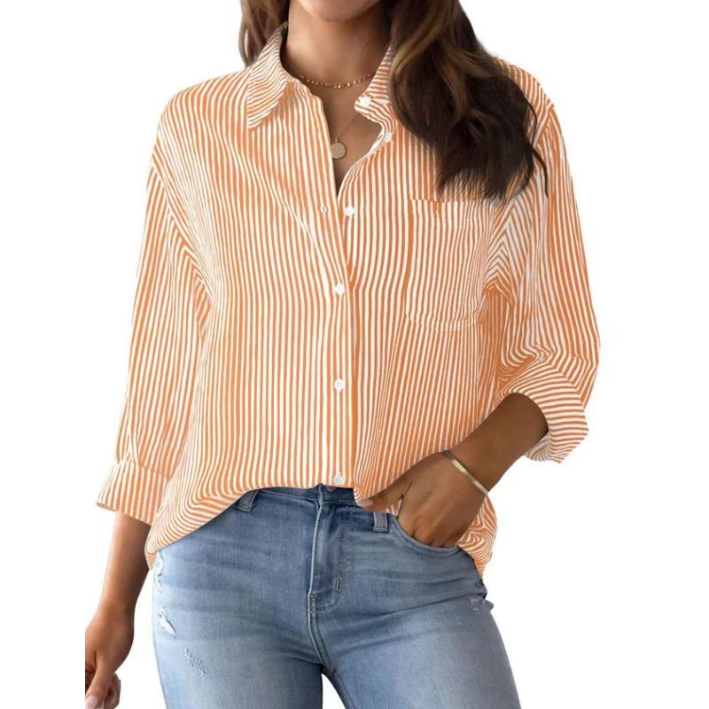 Spring Autumn New Printed Striped Casual Shirts Women Loose Cardigan Top Fashion Long Sleeve Office Blouse Woman Simple Vintage Lapel Pocket Clothes