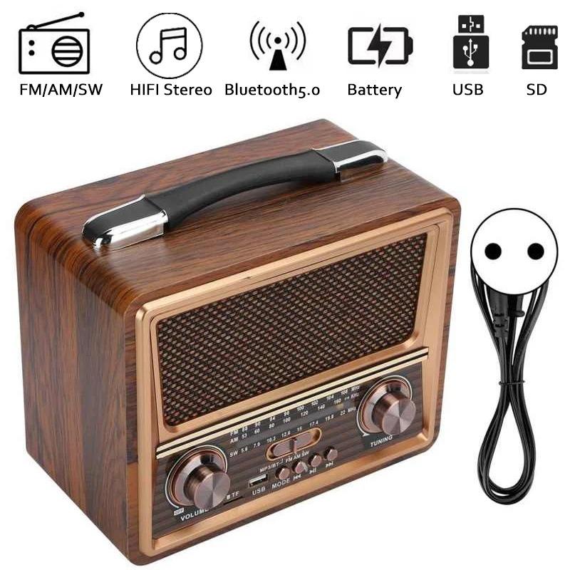 Wood Stero Wireless Bluetooth Speaker HIFI Sterero Mp3 Player Radio Receiver Rechargeable FM/AM/SW SUPPORT USB/SD/TF