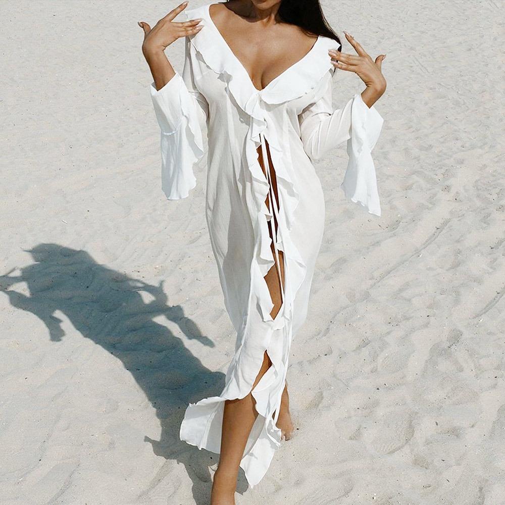 Long Sleeve Summer Beach Cover Up Ruffled Bikini Sunscreen Smock Fashion Beach Dress  for Women