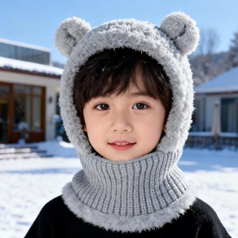 Fluffy Bear Ear Knitted Hat Solid Color Scarf Cap Fashion Baby Hooded Hat Toddler