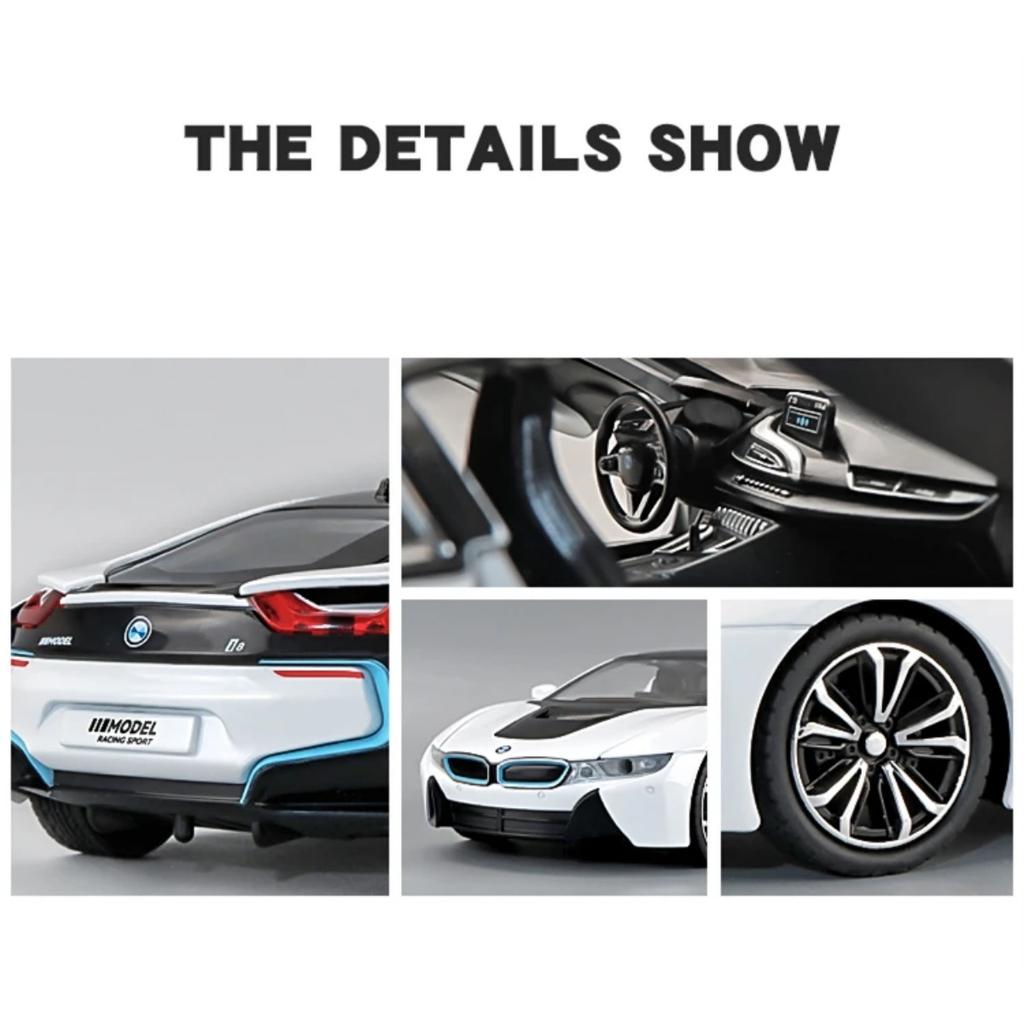 1/22 BMW I8 New Energy Car Alloy Sports Car Model Diecast Metal Racing Car Vehicles Model Simulation Sound Light Childrens Toys Gift