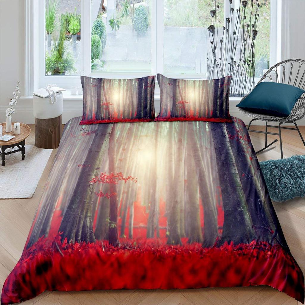 Comforter Autumn Fallen Leaves Red Maple Leaf Nature Bedding Set Sunshine Tree Woods Natural King