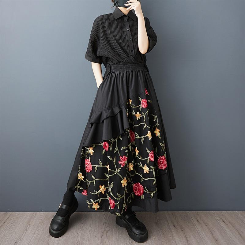 Plus Size High Waist Black Cotton Vintage Embroidery Floral Summer Casual Loose Long for Woman Skirts Womens Skirt