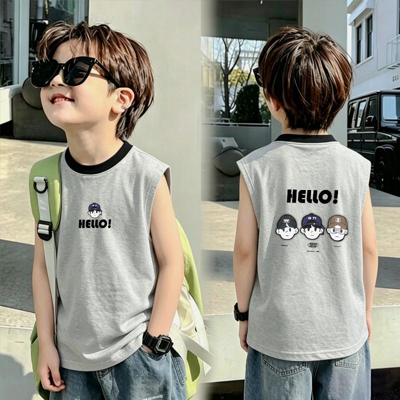 Boys' Contrast Color Cotton Vest T-shirt - Summer 2026 New Arrival, Medium/Large Sizes, Patchwork Sleeveless Top