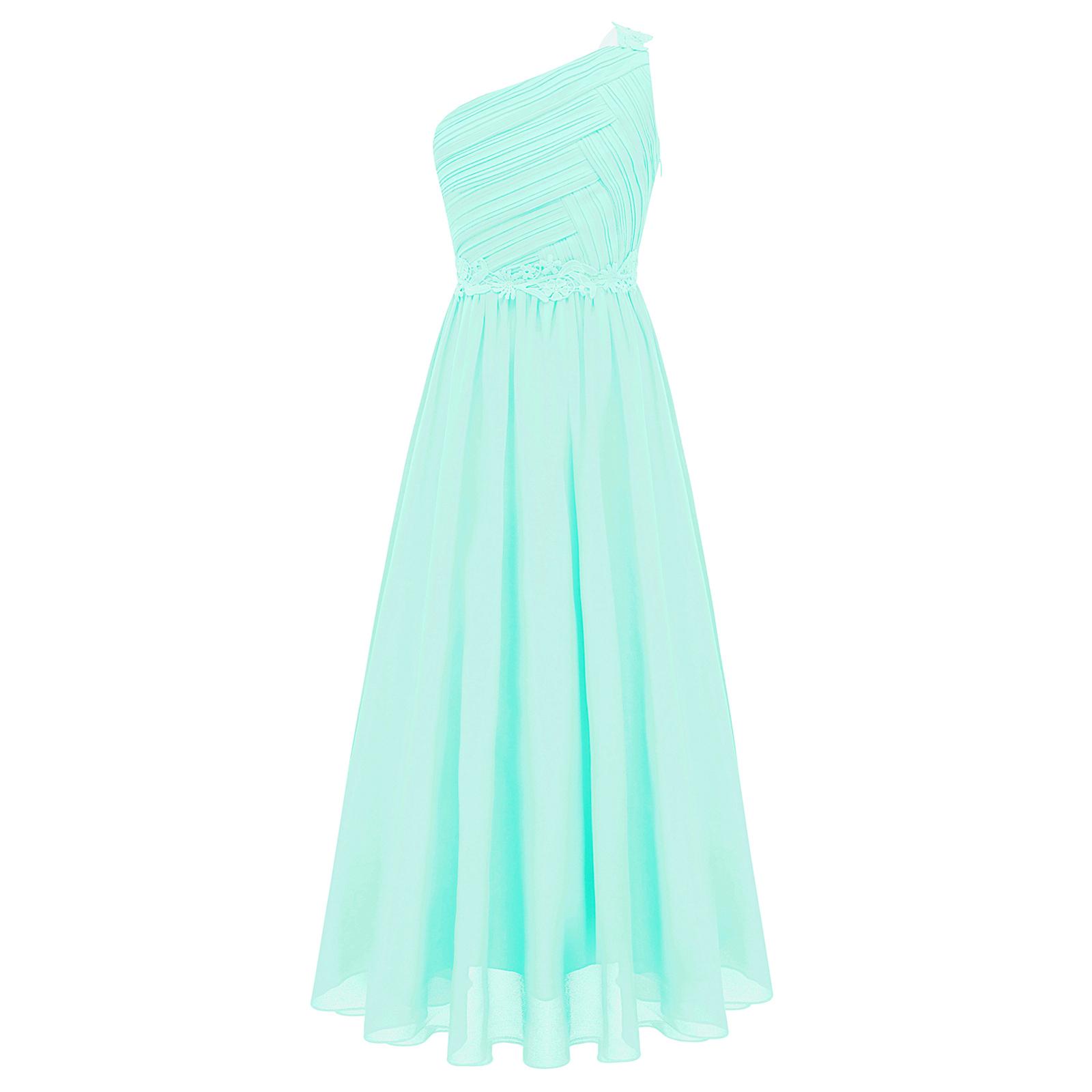 

Girls Elegant Evening Dress One Shoulder Guipure Lace Ruched Chiffon Maxi Dress Wedding Party Gown 7-8 Years м ята зелений колір