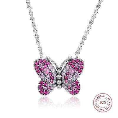 Genuine 925 Sterling Silver Necklace Dazzling Pink Butterfly Pendant Necklaces for Women Fine Jewelry Gift