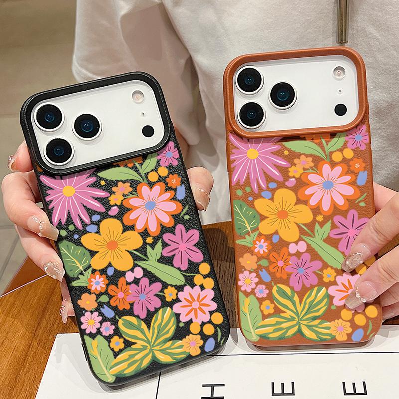Soft Phone Case For iPhone Air 17 16 15 14 13 12 Pro Max 17 Pro 11 16e Cartoon Flowers Shockproof Leather Texture Silicone Cover