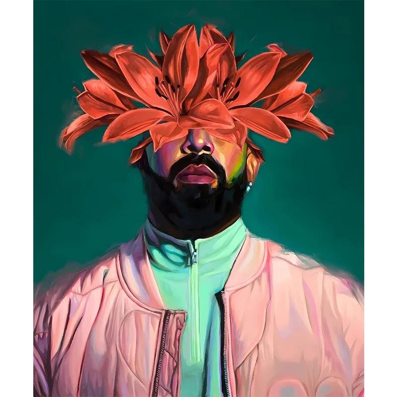 Famous Rapper Star Portrait with Flowers Canvas Painting Hip Hop Singers Abstract Art Posters Prints Wall Art Picture Home Decor