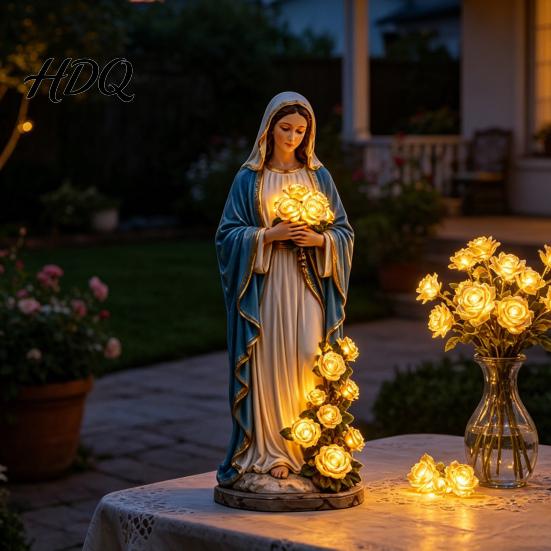 Decoración Religiosa para Exteriores Estatua de Luz de Jardín de la Santísima Madre con Flor Lámpara USB Adorno Resistente a la Intemperie Rosa Brillante Decorativa para Cristianos